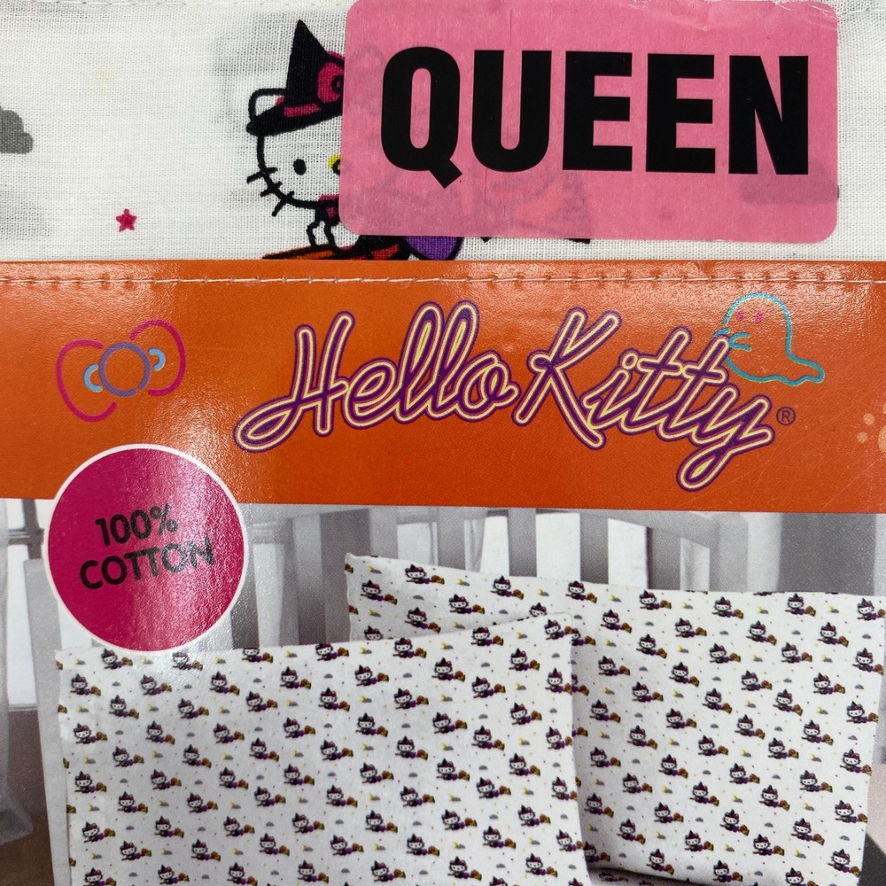 Hello Kitty Sheet Set QUEEN White Halloween Witch Cotton Sanrio Spooky Pumpkin - Picture 4 of 11